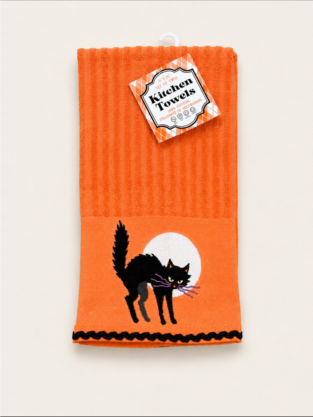 👀  HALLOWEEN KITCHEN TOWELS SET OF 2 SPOOKY WITCH CAT 100% COTTON ORANGE BLACK